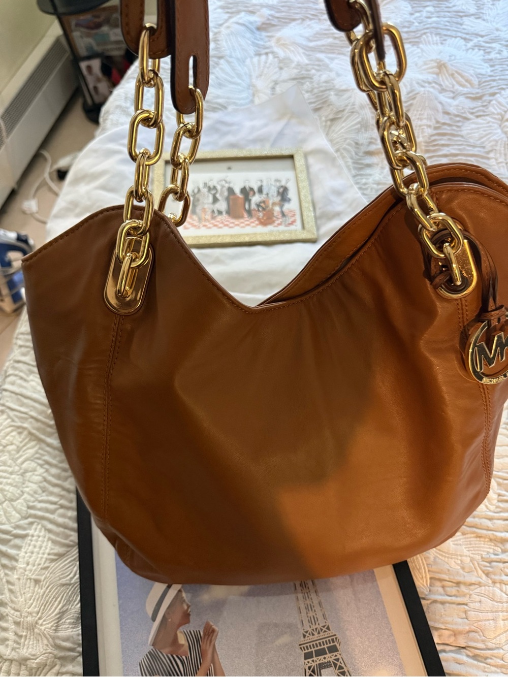 Michael Kors Cognac Leather Shoulder Bag with Gold Chain Detail